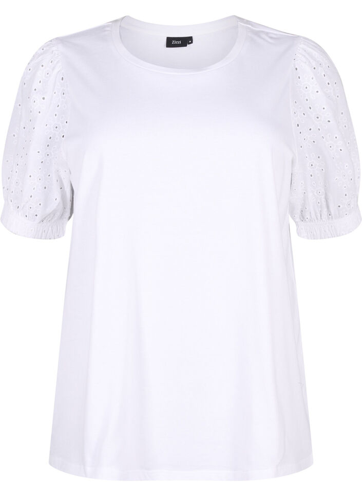 Orgaanisesta puuvillasta valmistettu pusero, jossa on broderie anglaise -hihat, Bright White, Packshot image number 0