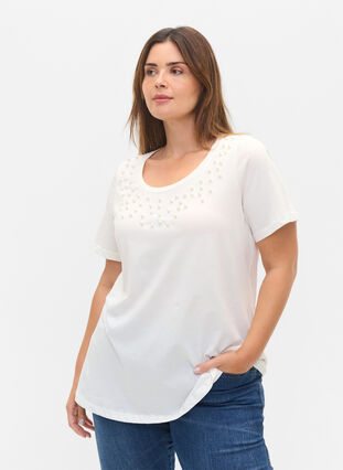 Puuvillainen t-paita helmillä, Warm Off-white, Model image number 0