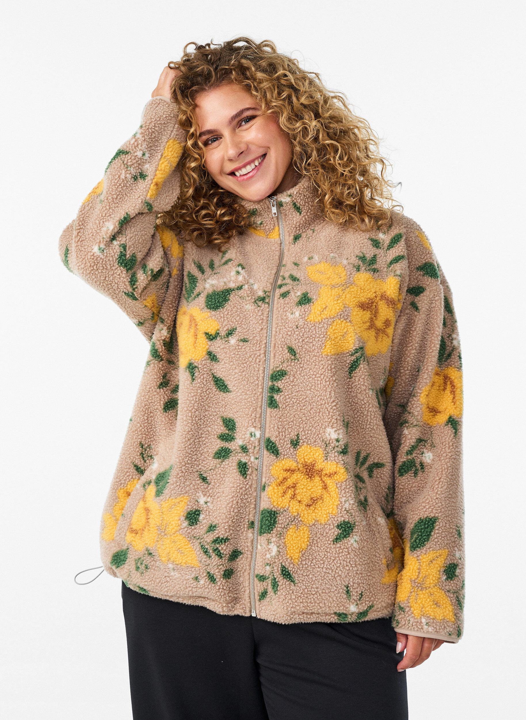 Kukkafleecetakki korkealla kauluksella ja vetoketjulla, Beige, Model