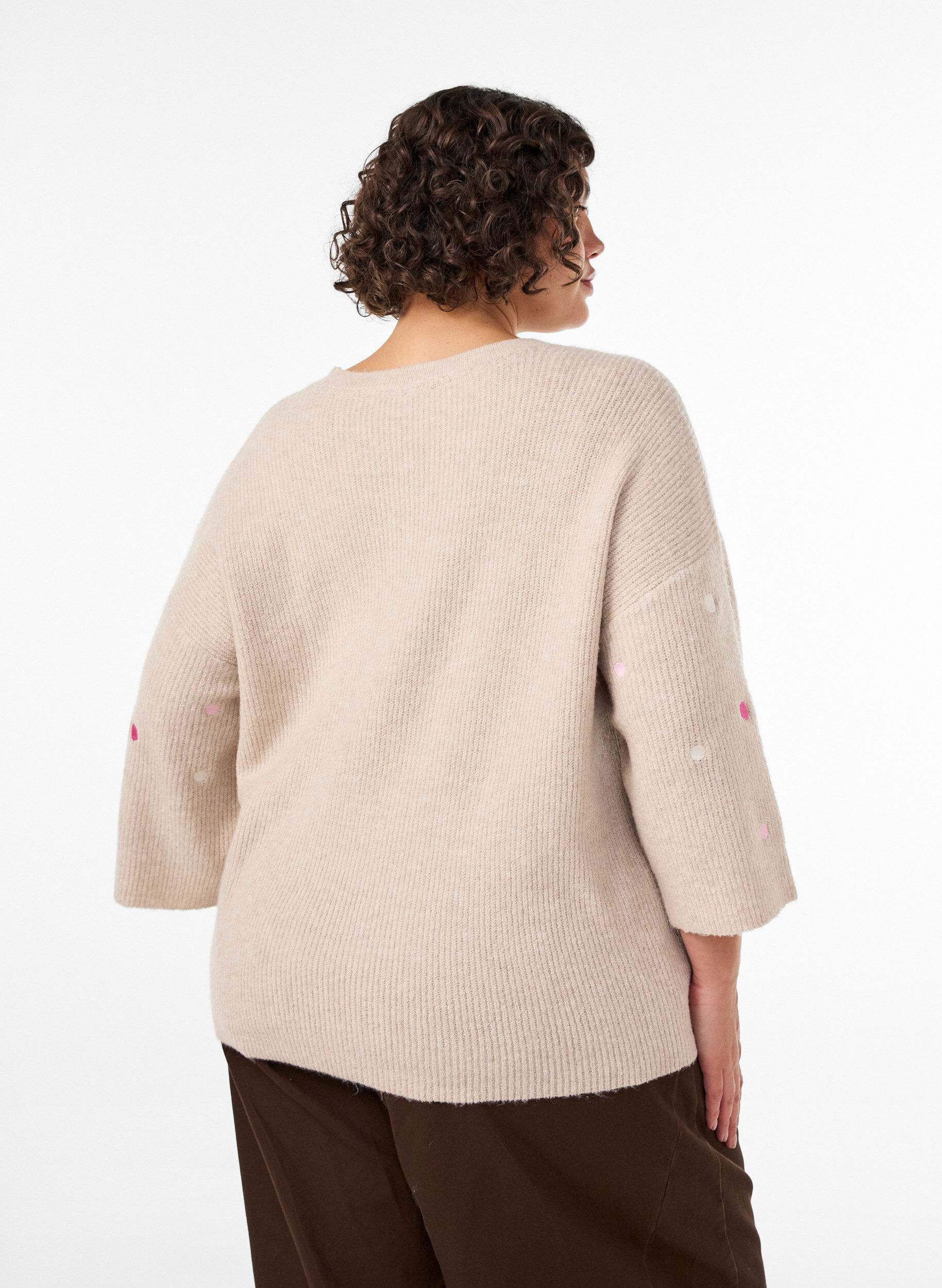 ZizziNeulottu pusero pienill&auml; brodeeratuilla kuvioilla, Beige, Model image number 2
