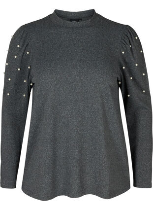 Meleerattu pusero puhvihihoilla ja helmillä, Dark Grey Melange, Packshot image number 0