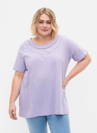 T-paita puuvillaa pitsillä, Lavender, Model image number 0