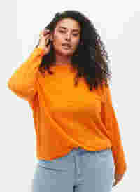 Tekstuurikuvioitu neulepusero pyöreällä pääntiellä, Vibrant Orange, Model