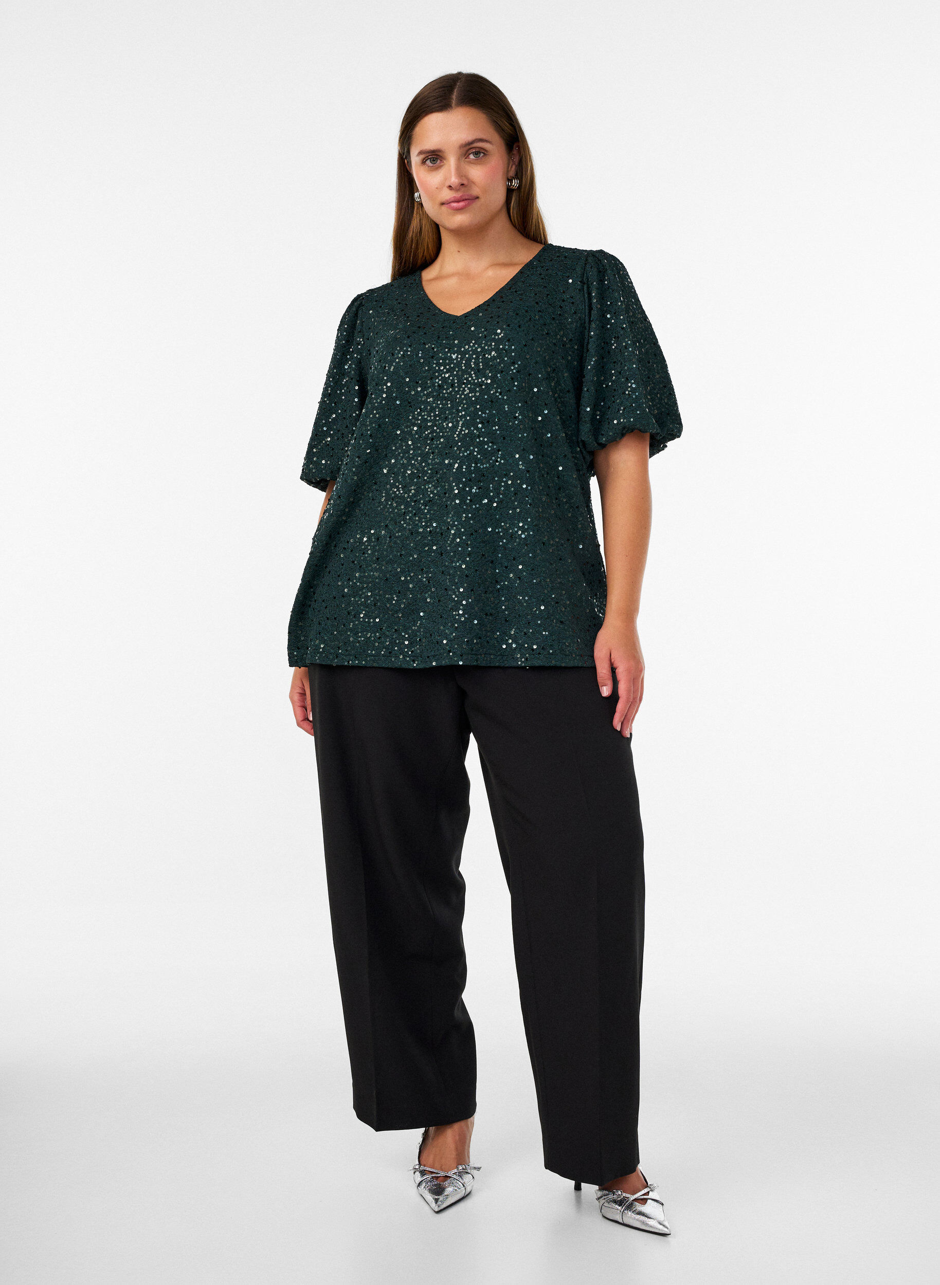 ZizziPaljettipusero pallohihoilla, Vihre&auml;, Model image number 1