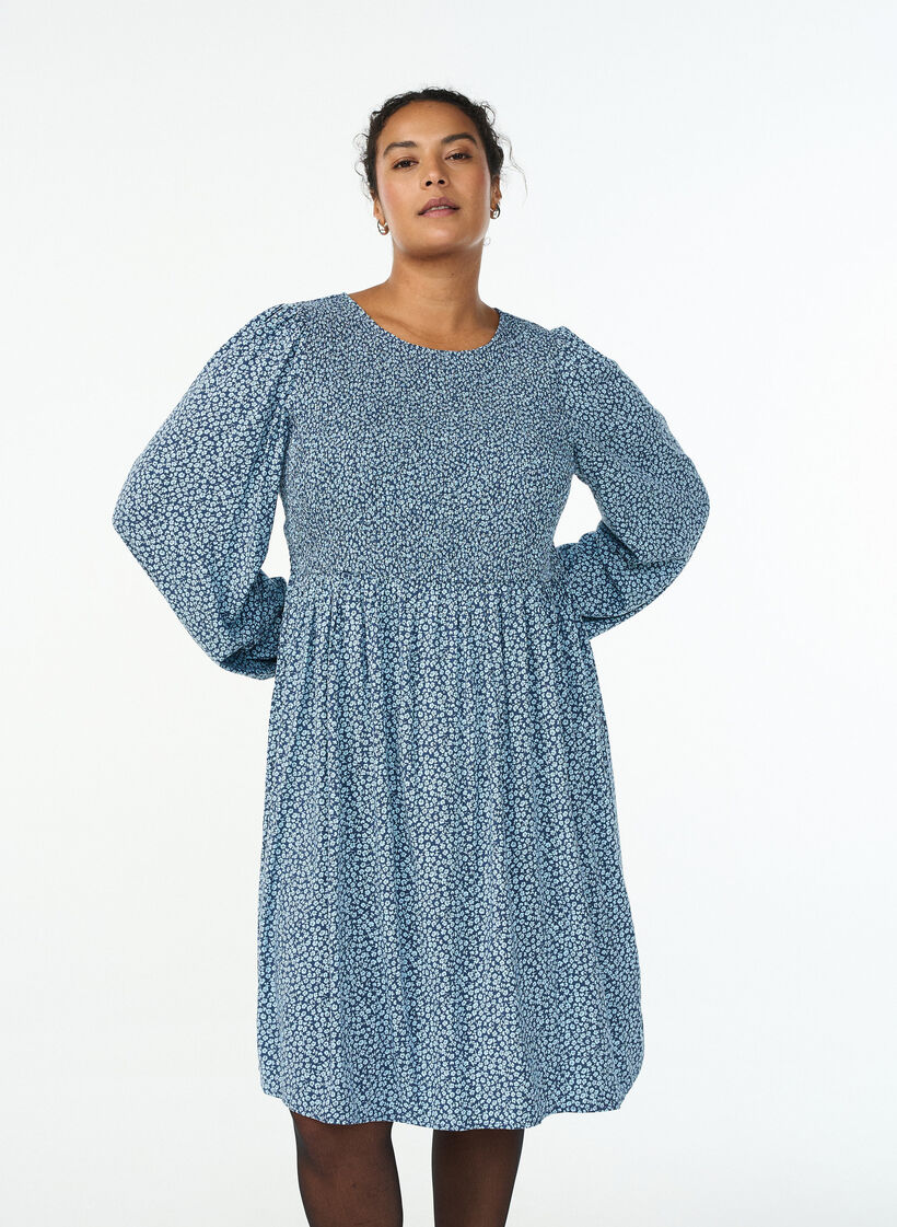 Mekko kuminauhallisella yl&auml;osalla ja pienikukkaisella kuosilla, Sininen, Model image number 0