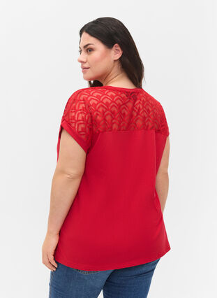 Lyhythihainen puuvillainen t-paita pitsillä, Tango Red, Model image number 1