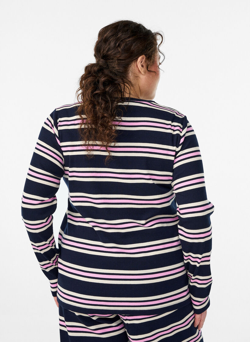 Pitk&auml;hihainen y&ouml;paita ribatusta jerseyst&auml;, jossa on raitoja, Sininen, Model