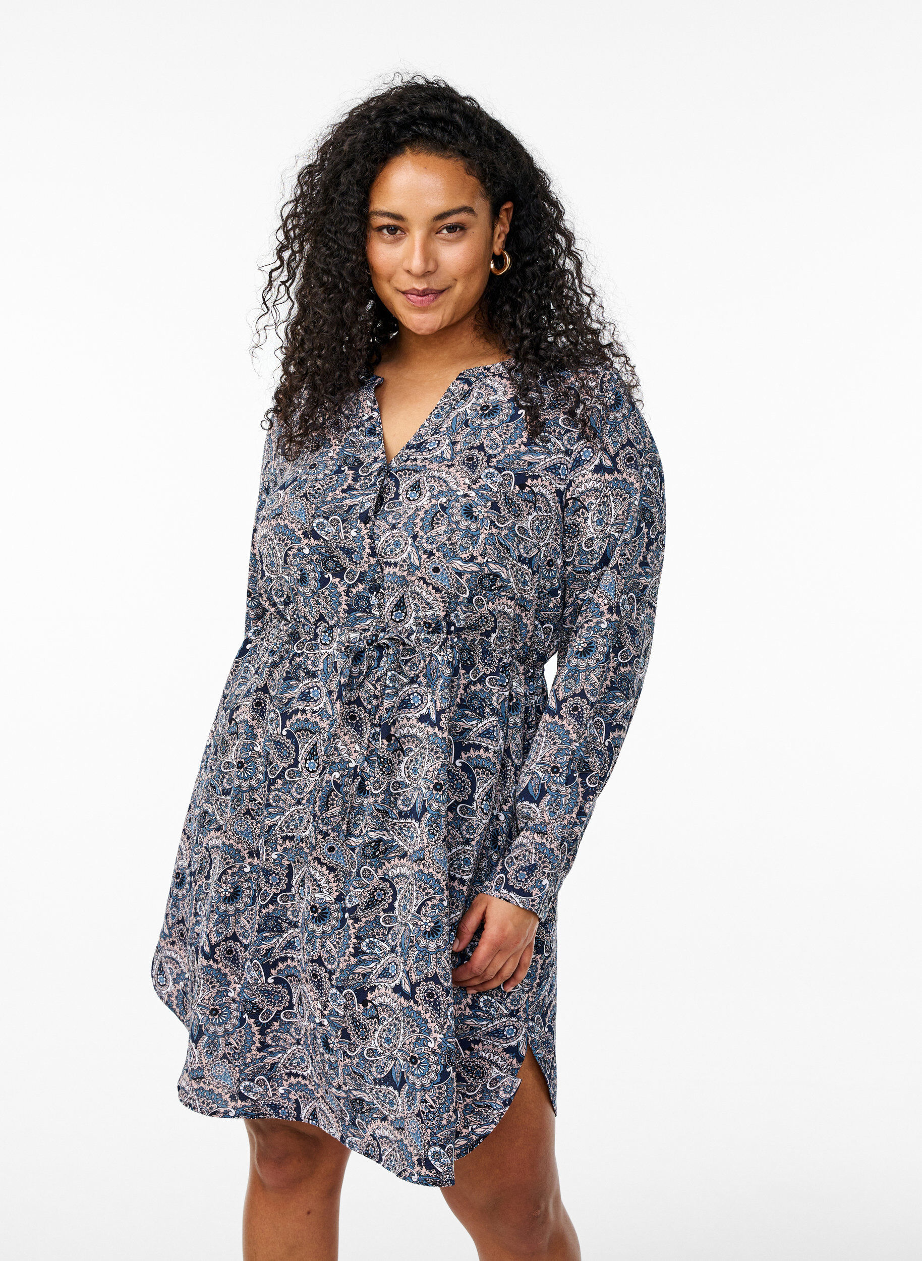 Zizzi Polvimittainen mekko solmittavalla vy&ouml;ll&auml;, Beige, Model image number 0