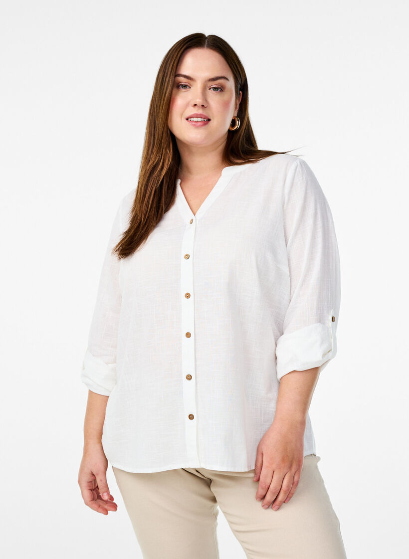 Puuvillainen puseropaita v-kaula-aukolla, Valkoinen, Model image number 0