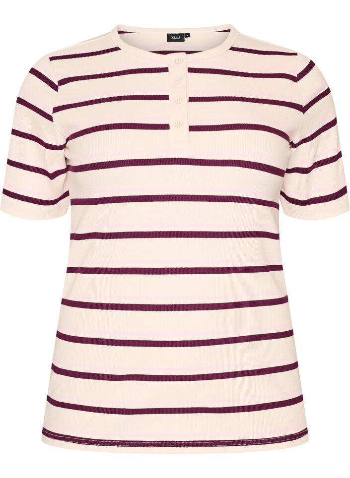 Raitakuosinen ribattu T-paita nappiyksityiskohdalla, Violetti, Packshot image number 0