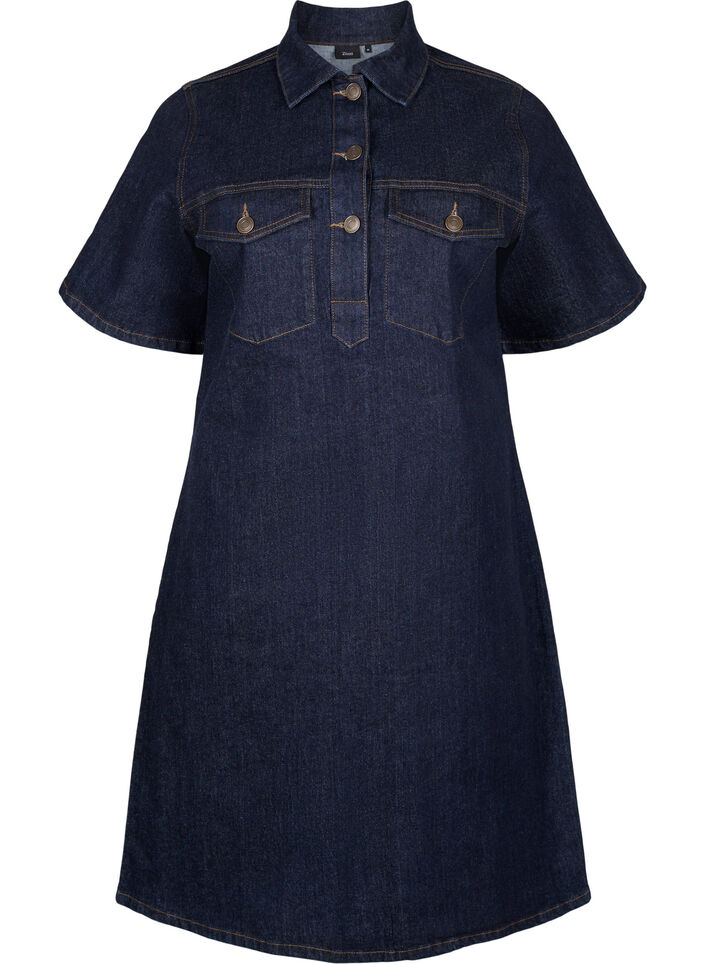 Farkkumekko, jossa on lyhyet hihat ja rintataskut, Dark Blue Denim, Packshot image number 0