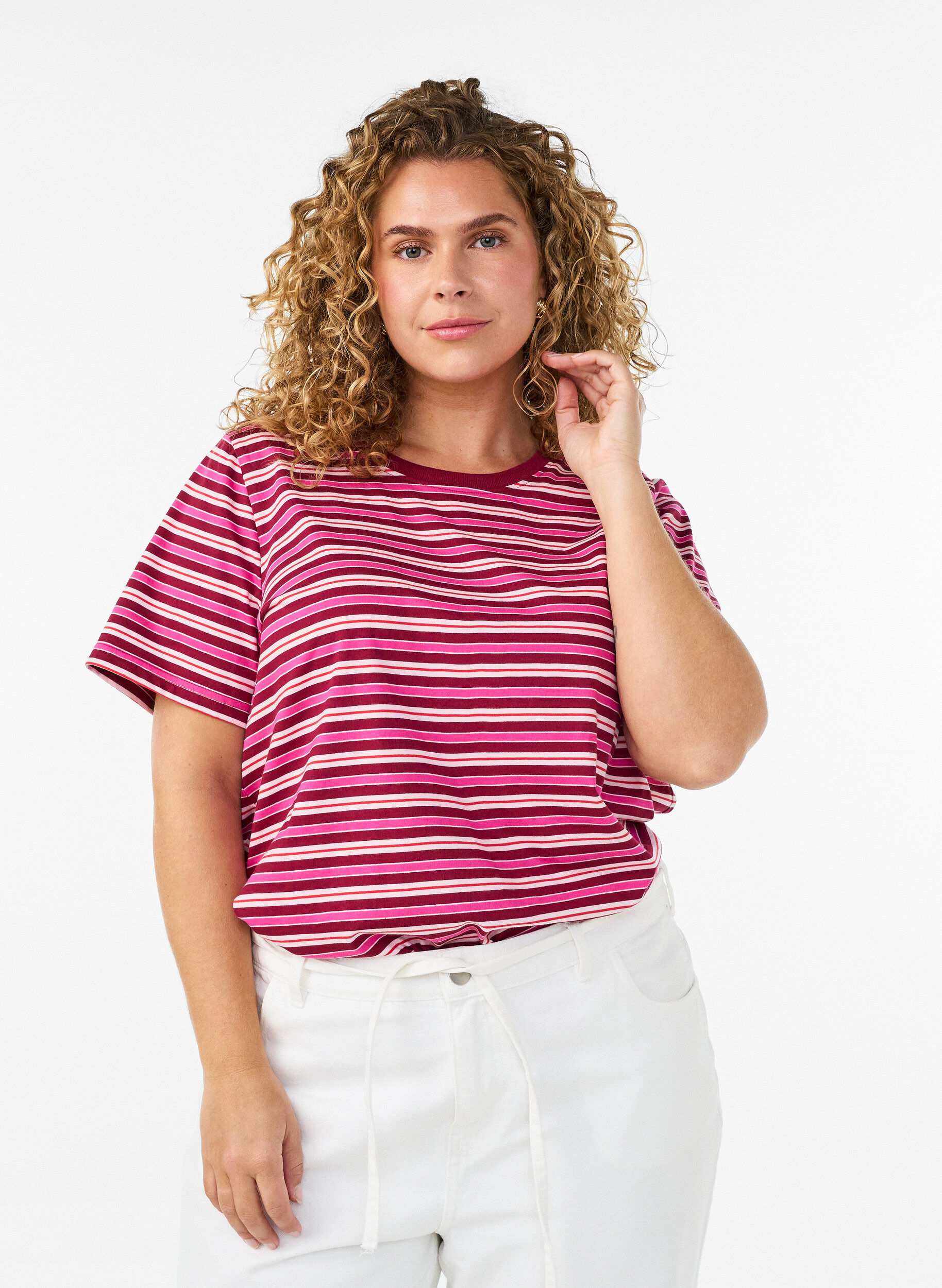 ZizziRaidallinen luomupuuvillainen T-paita, Punainen, Model image number 0