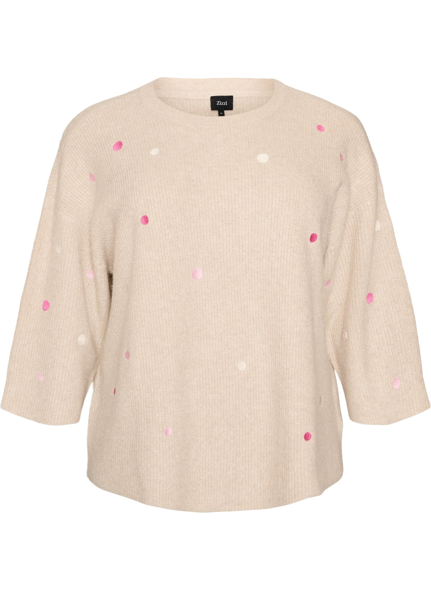 ZizziNeulottu pusero pienill&auml; brodeeratuilla kuvioilla, Beige, Packshot image number 0