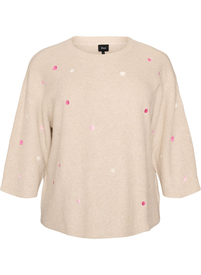 Neulottu pusero pienill&auml; brodeeratuilla kuvioilla, Beige, Packshot image number 0