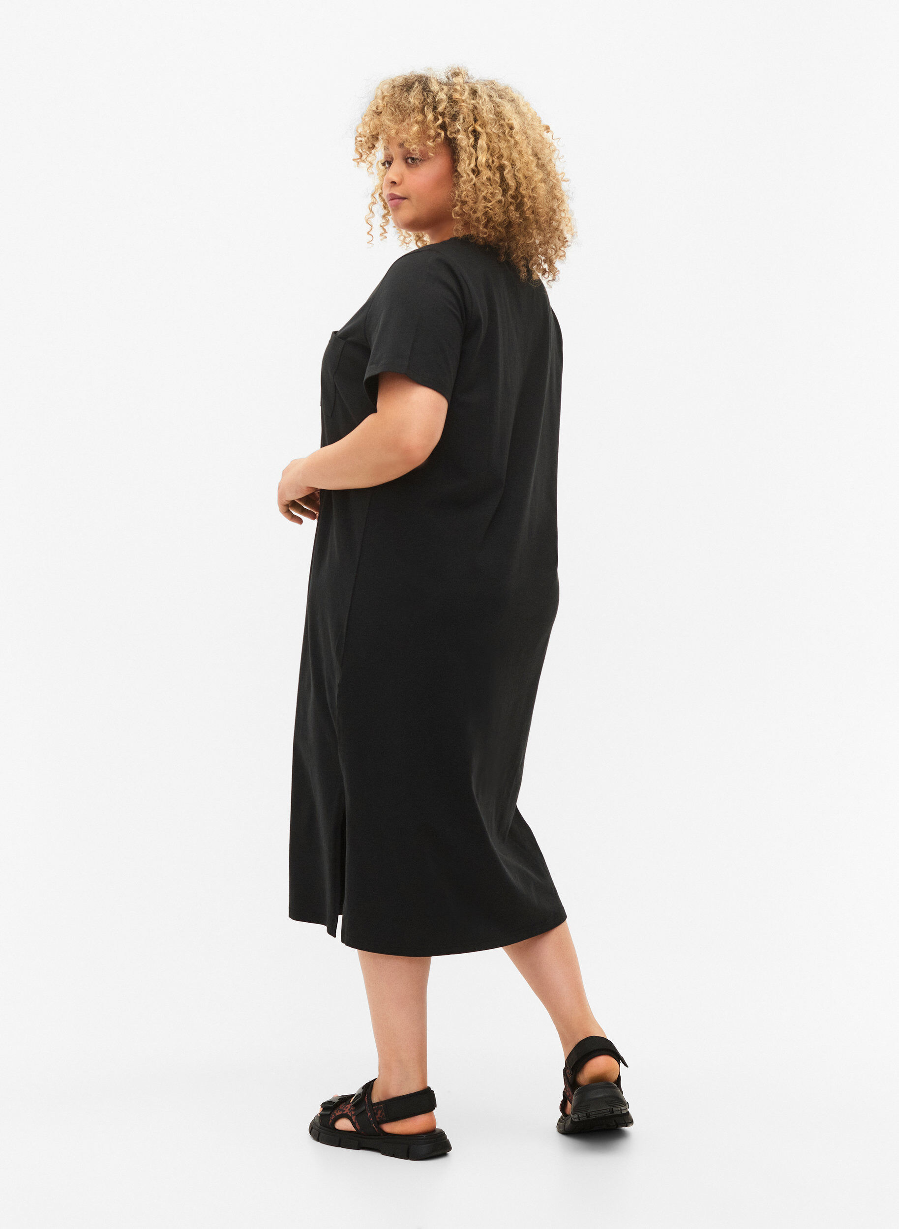 ZizziLyhythihainen puuvillamekko halkiolla, Black, Model image number 1