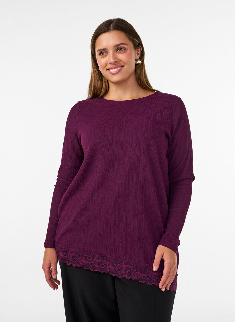 Jerseypusero, jossa ep&auml;symmetrinen pitsireunus, Violetti, Model image number 0