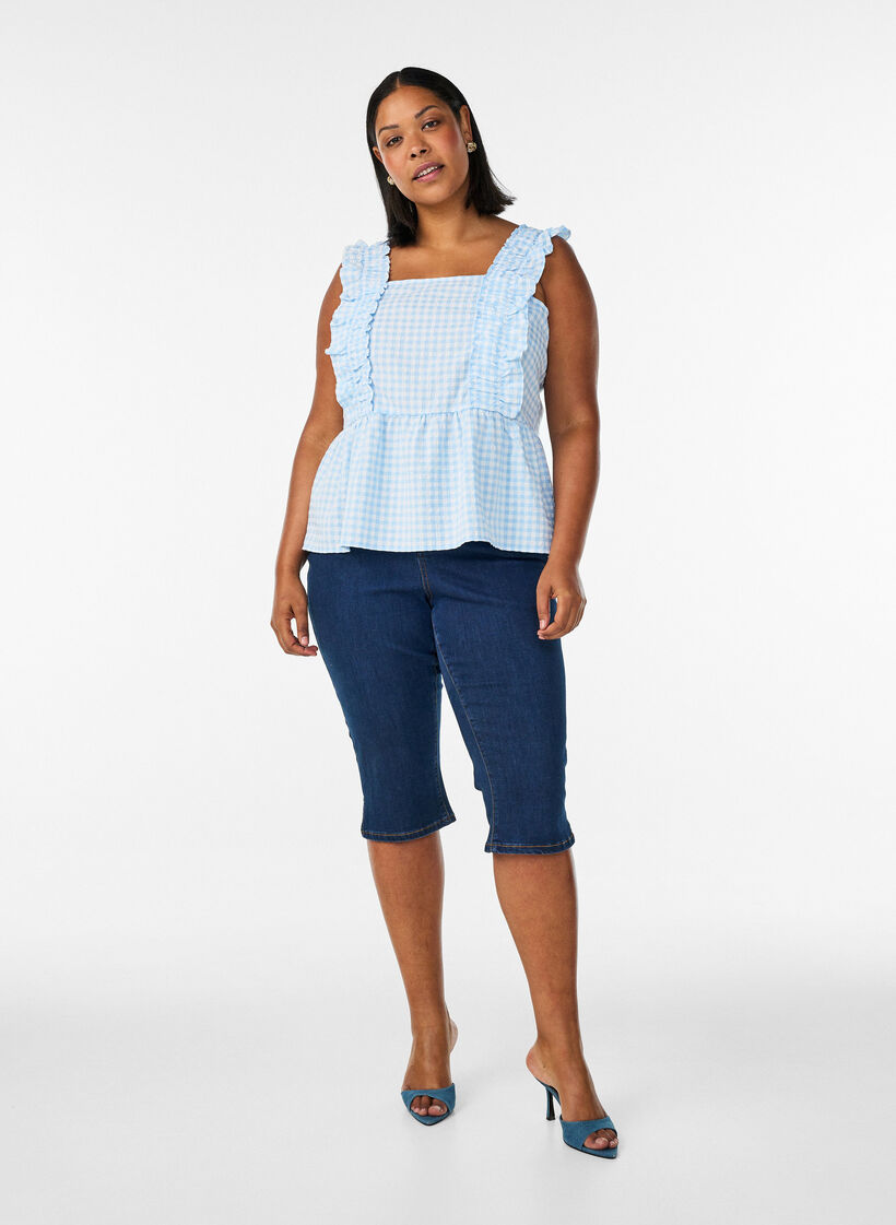 Ruudullinen toppi r&ouml;yhel&ouml;yksityiskohdilla, Sininen, Model image number 1