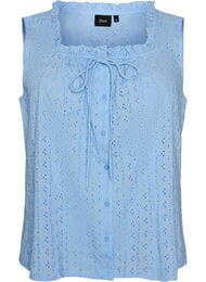 Hihaton pusero, jossa on brodeerattua anglaisea ja r&ouml;yhel&ouml;it&auml;, Sininen