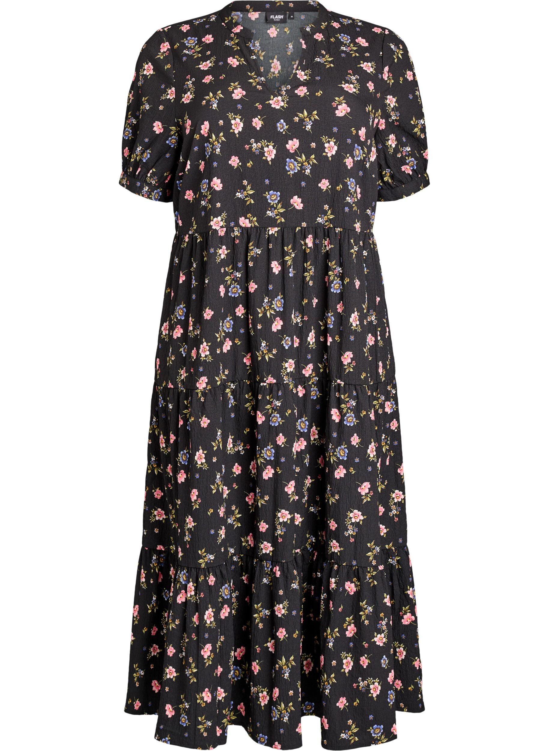 ZizziNilkkapituinen mekko lyhyill&auml; hihoilla ja kerroksellisilla r&ouml;yhel&ouml;ill&auml;, Musta, Packshot image number 0