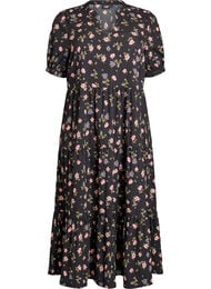 Nilkkapituinen mekko lyhyill&auml; hihoilla ja kerroksellisilla r&ouml;yhel&ouml;ill&auml;, Musta