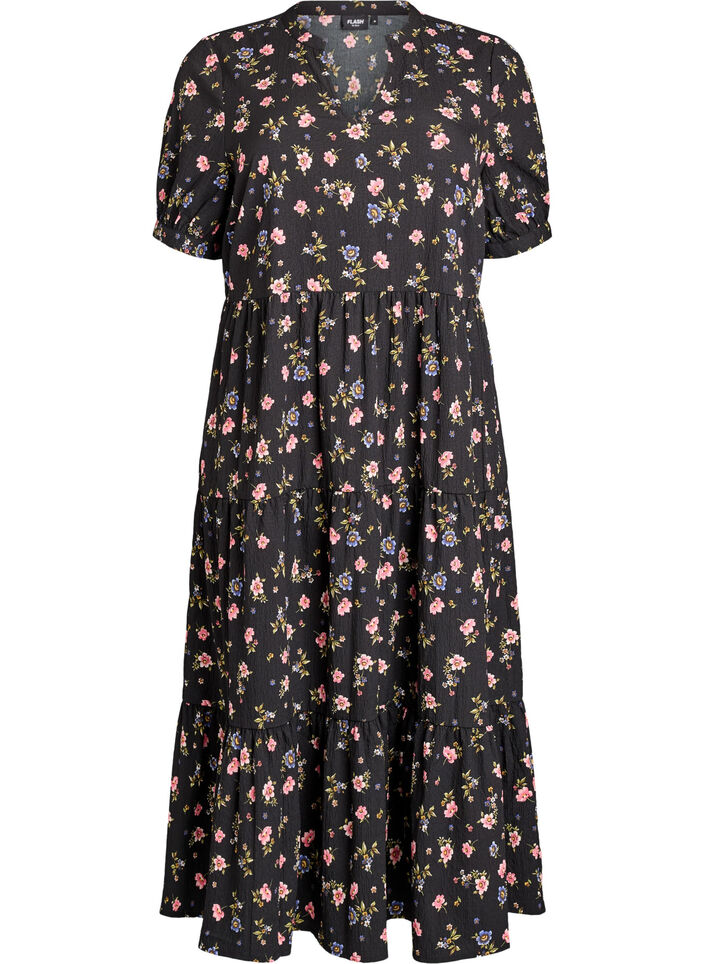 Nilkkapituinen mekko lyhyill&auml; hihoilla ja kerroksellisilla r&ouml;yhel&ouml;ill&auml;, Musta, Packshot image number 0