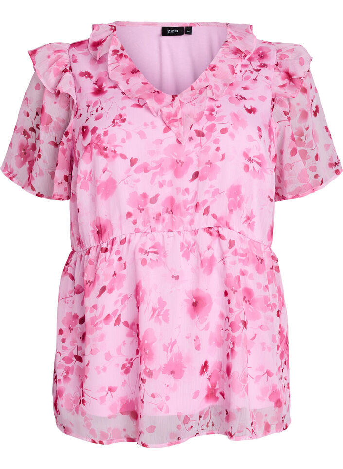 Kukkakuvioinen pusero r&ouml;yhel&ouml;kauluksella ja peplum-efektill&auml;, Vaaleanpunainen, Packshot image number 0