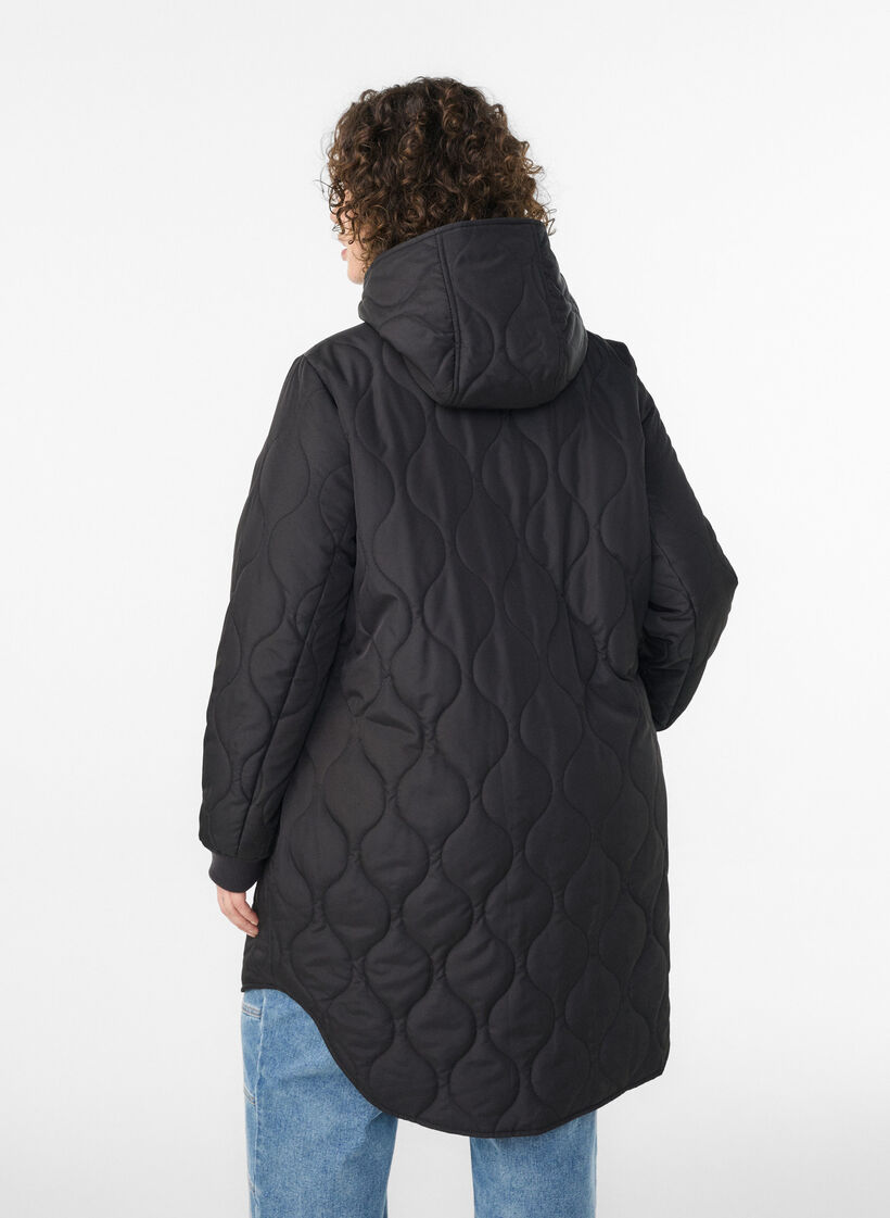 Keskipitk&auml; tikattu takki hupulla, Musta, Model image number 2