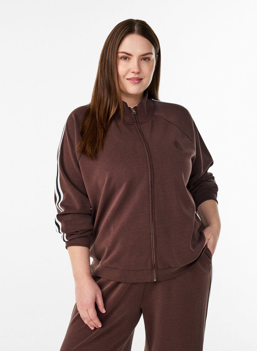 Korkeakauluksinen treenitoppi raidoilla hihoissa, Ruskea, Model image number 0