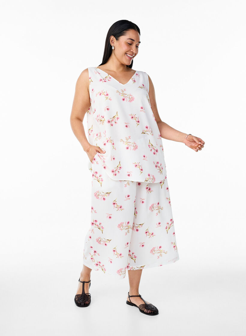 Printtitoppi v-pääntiellä, Valkoinen, Model image number 1