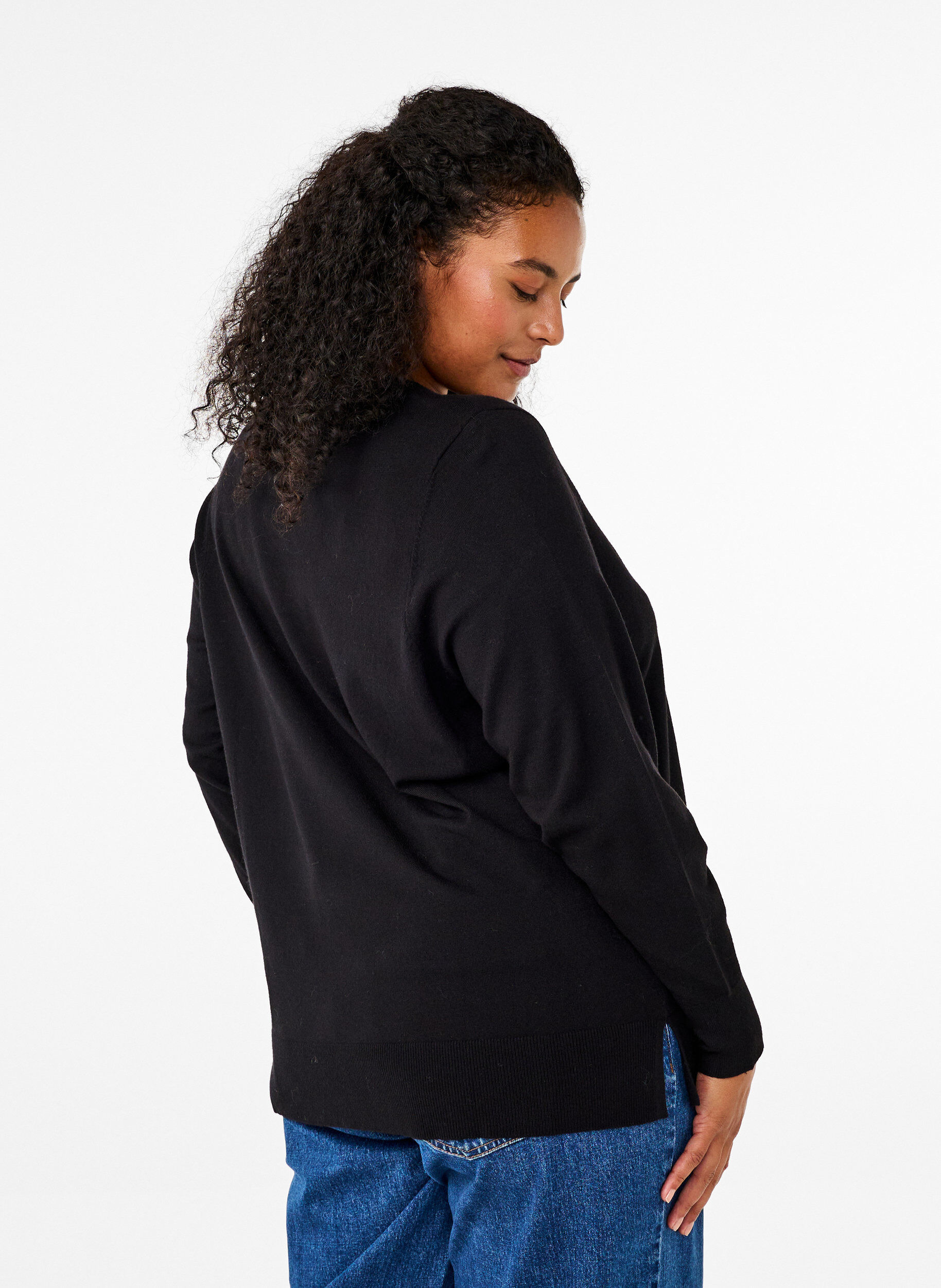 Zizzi Pitk&auml;hihainen neulepaita halkiolla, Musta, Model image number 2