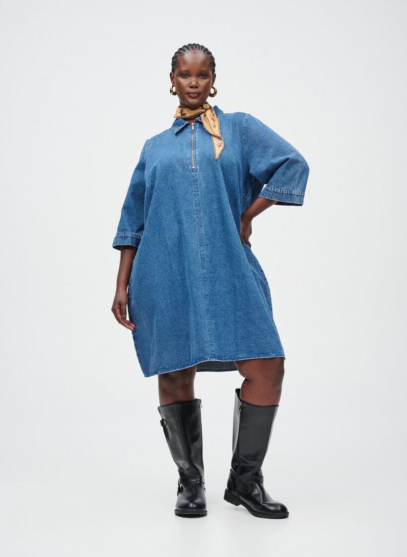 Lyhyt farkkumekko vetoketjulla ja 3/4-hihoilla, Sininen, Image image number 0