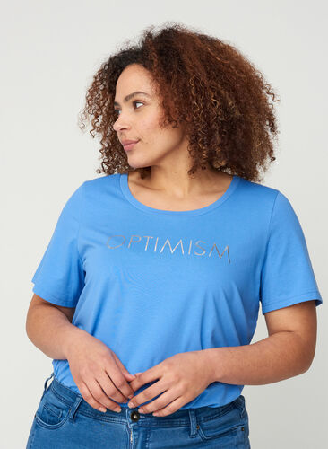 Lyhythihainen puuvillainen t-paita painatuksella, Ultramarine OPTIMISM, Model image number 0