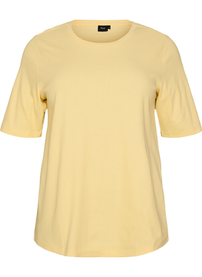 Ribattu jerseypusero, jossa on lyhyet hihat, Keltainen, Packshot image number 0