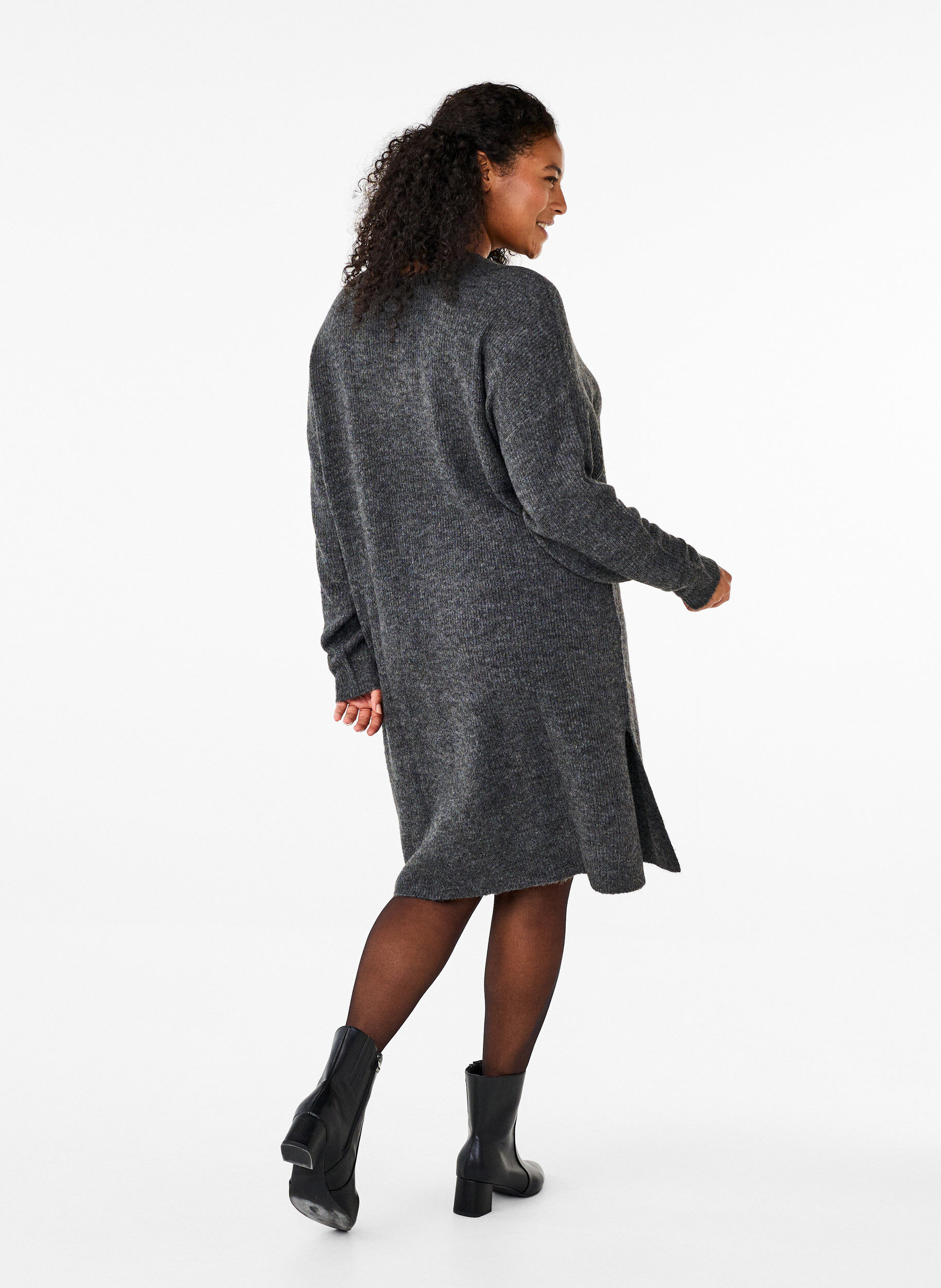 Zizzi Pitk&auml;hihainen ribbineulemekko, Dark Grey Black Mel., Model image number 1