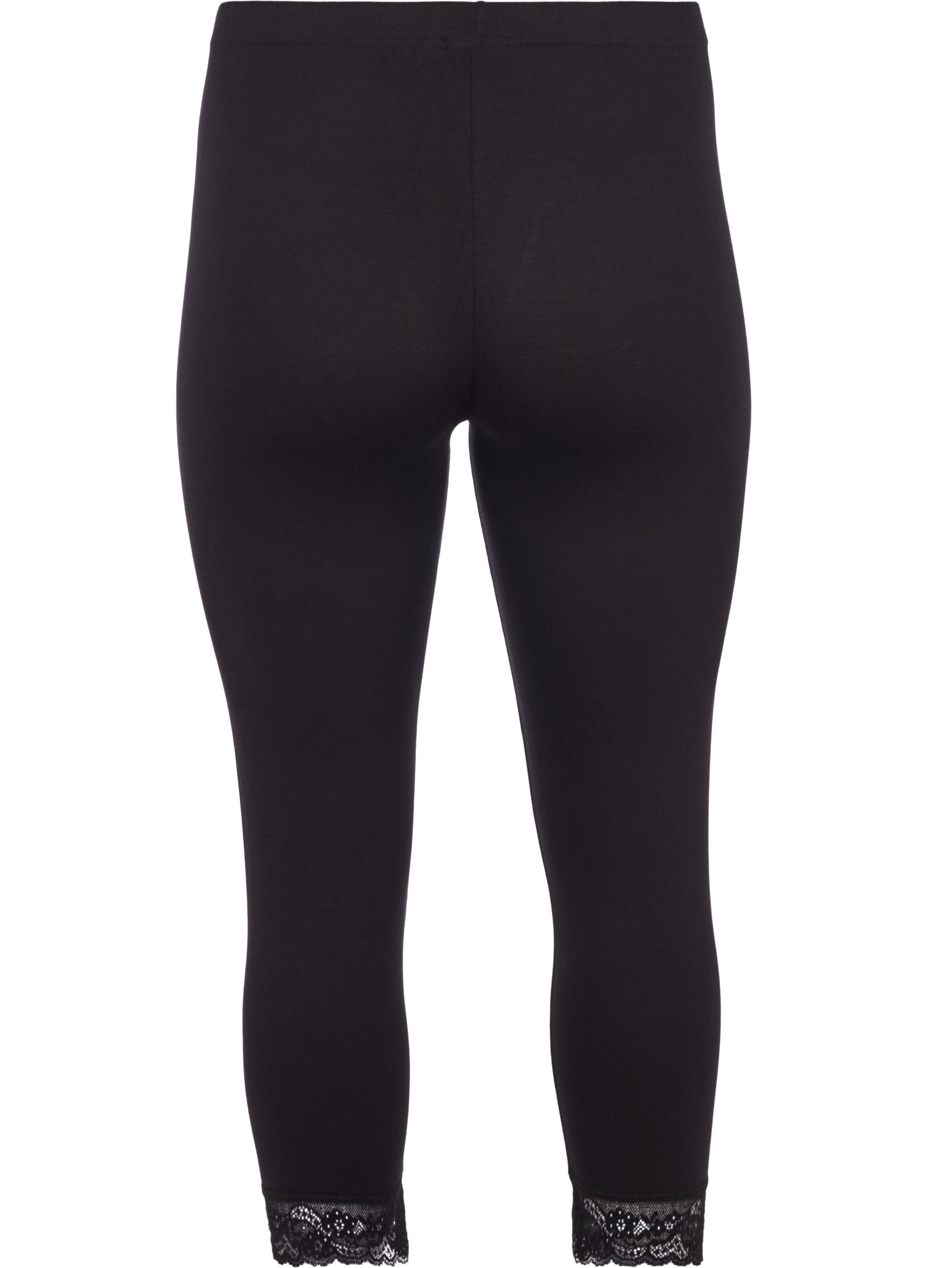 Zizzi 3/4-pituiset basic leggingsit pitsireunuksella, Black, Packshot image number 1