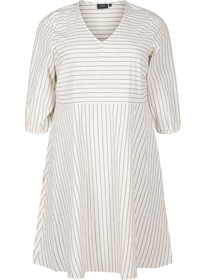 Polvipituinen mekko raitakuviolla ja 3/4-pituisilla hihoilla, Vanilja, Packshot image number 0