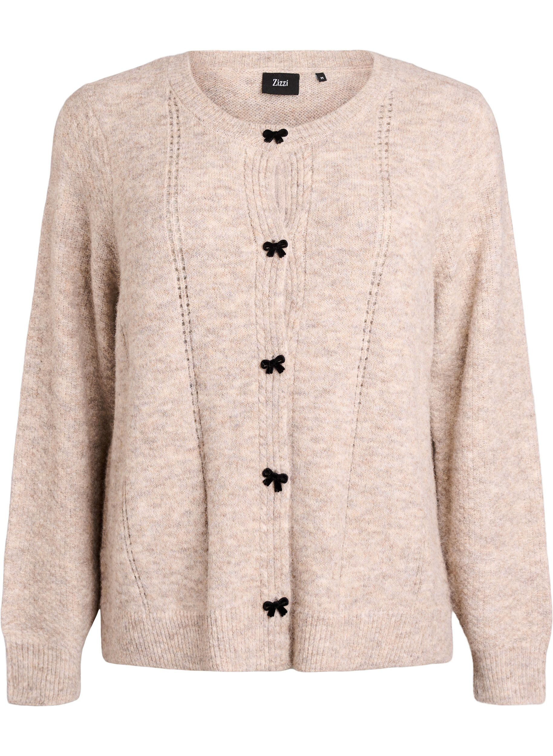 ZizziNeuletakki rusetinapeilla ja avoneulekuviolla, Beige, Packshot image number 0