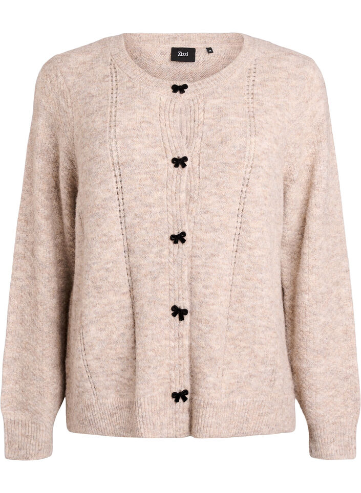 Neuletakki rusetinapeilla ja avoneulekuviolla, Beige, Packshot image number 0
