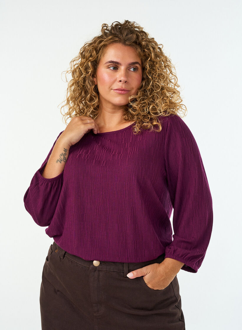 Pusero tekstuurilla ja 3/4-hihoilla, Violetti, Model image number 0