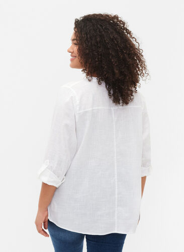 Puuvillainen paitapusero V-kaula-aukolla, Bright White, Model image number 1