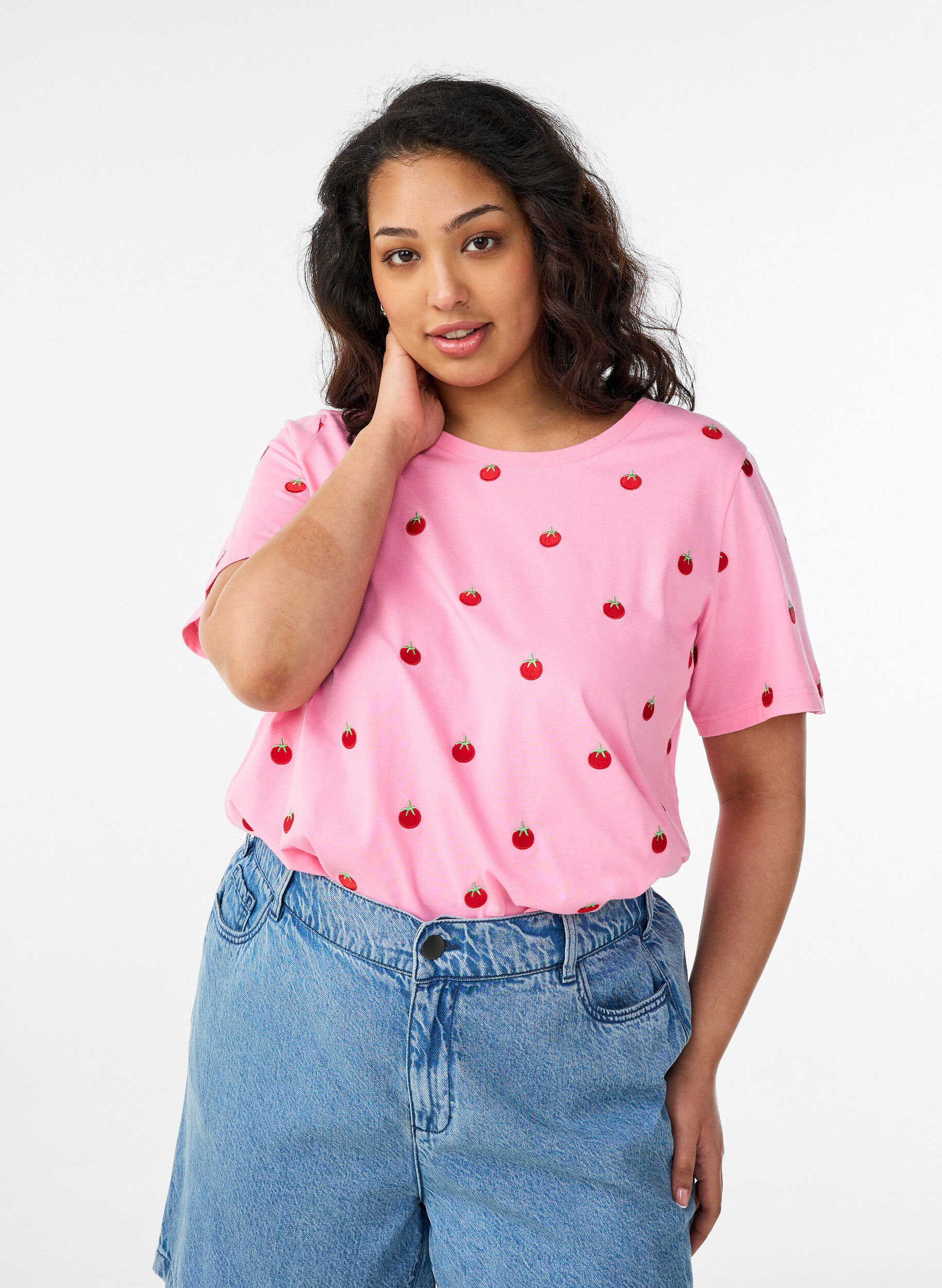 ZizziLuomupuuvillainen T-paita kirjailuilla kuvioilla, Vaaleanpunainen, Model image number 0