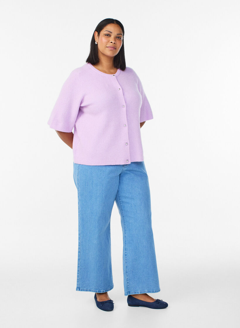 Lyhythihainen neuletakki kiilt&auml;vill&auml; pallonapeilla, Violetti, Model image number 1