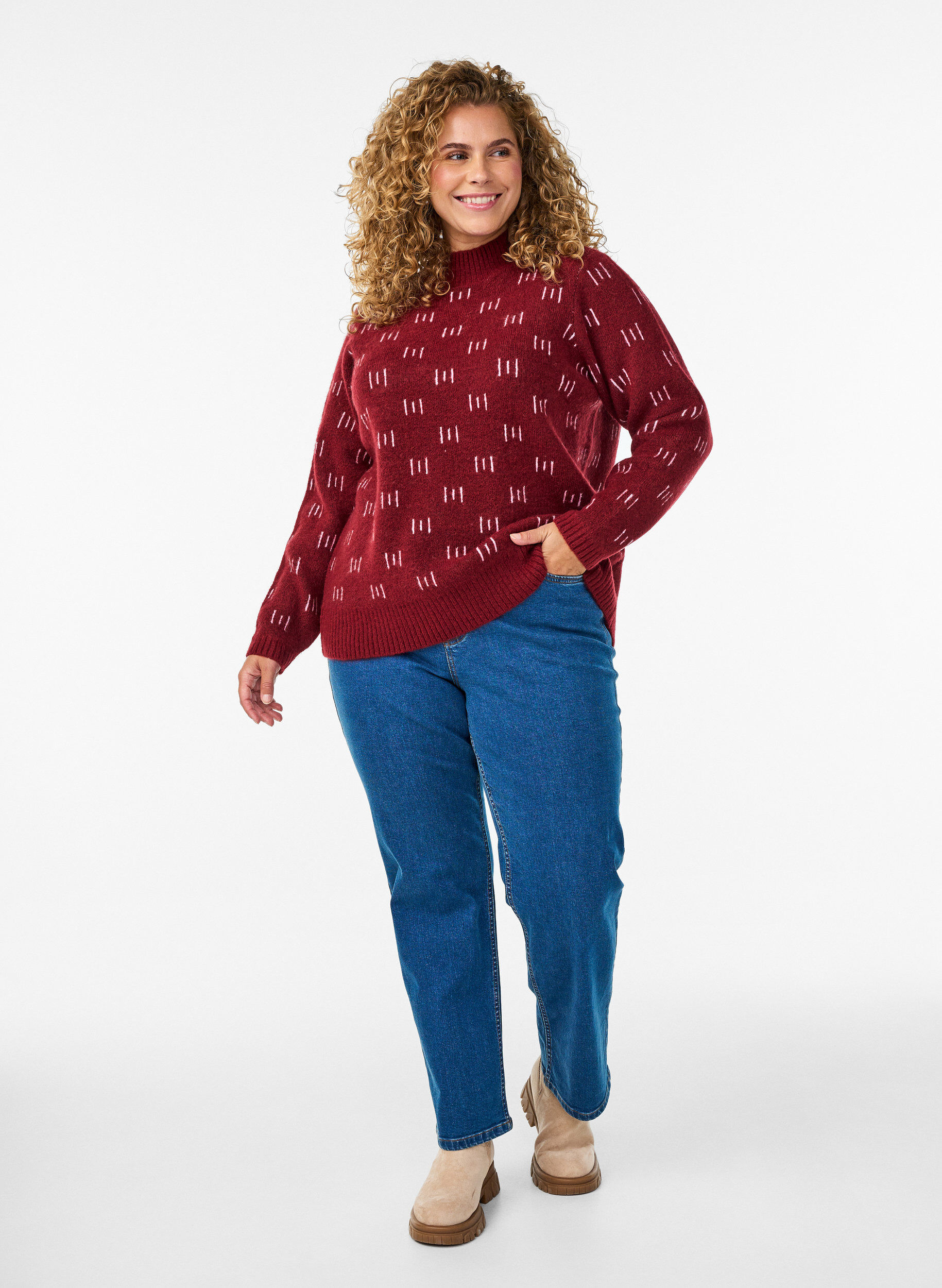 Zizzi Kuvioitu neulepaita korkealla kauluksella, Tumma Bordeaux, Model image number 1