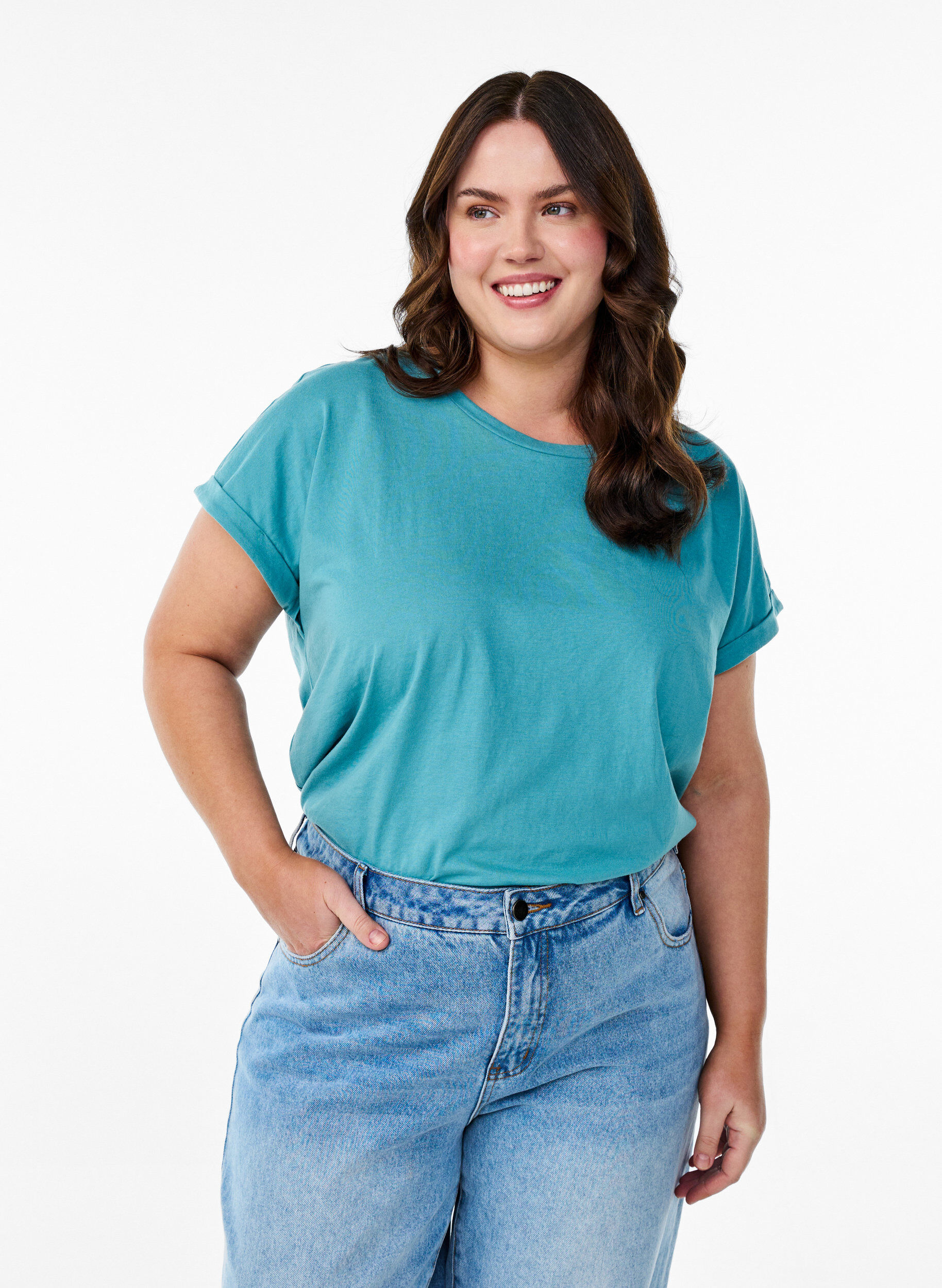 Zizzi Lyhythihainen puuvillasekoitteinen T-paita, Sininen, Model image number 0