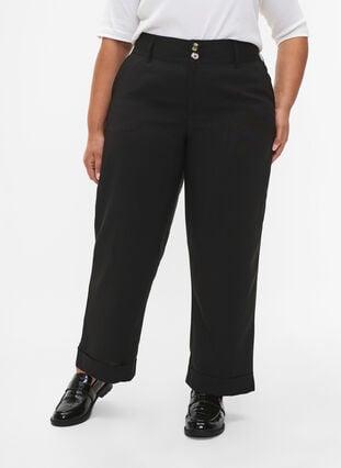 Korkeavyötäröiset housut, joissa on taitteet, Black, Model image number 2