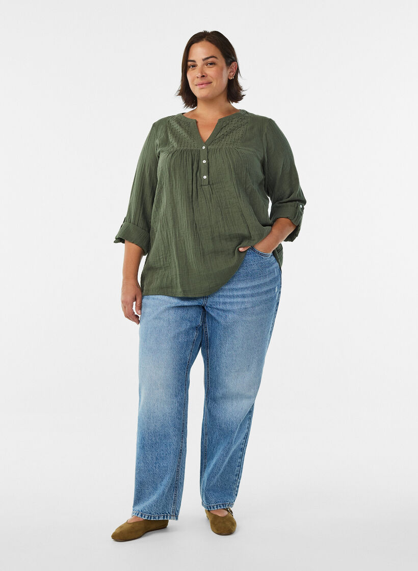 Paita puuvillamusliinissa, jossa broderie anglaise -kirjailu, Vihreä, Model image number 1