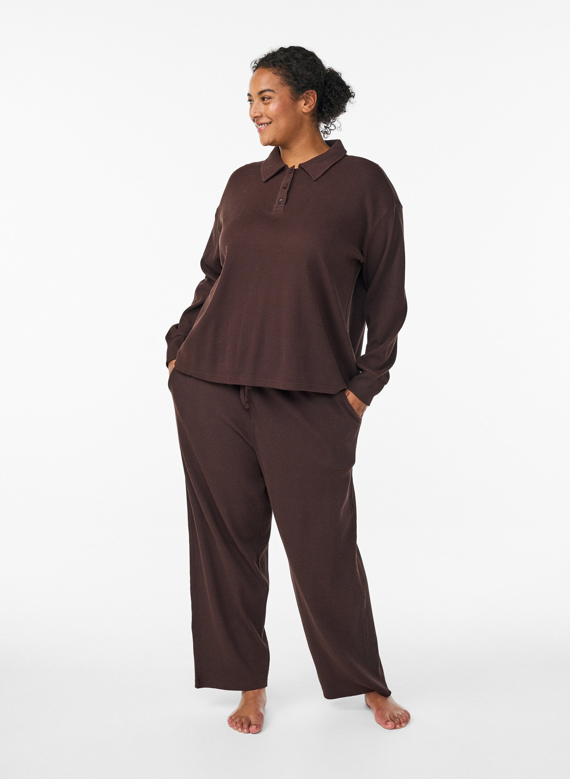 Zizzi Pitk&auml;hihainen ribattu jersey-pikeepaita, Ruskea, Model image number 1