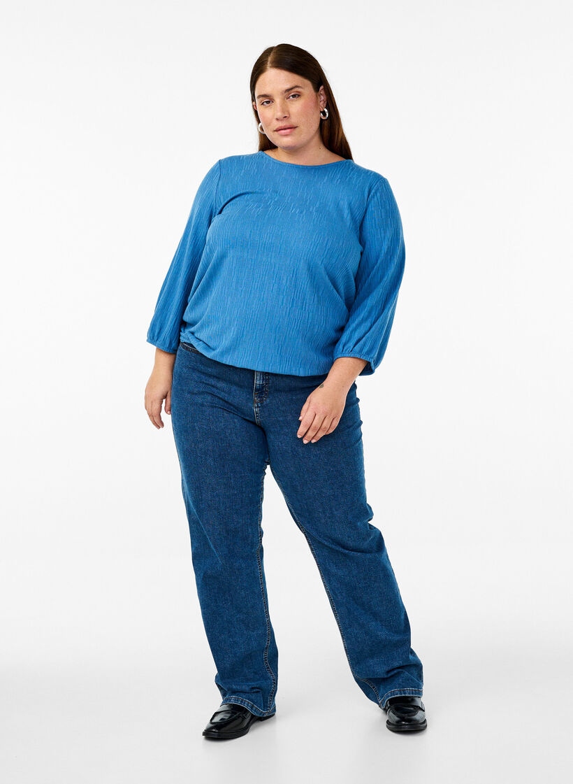 Pusero tekstuurilla ja 3/4-hihoilla, Sininen, Model image number 1
