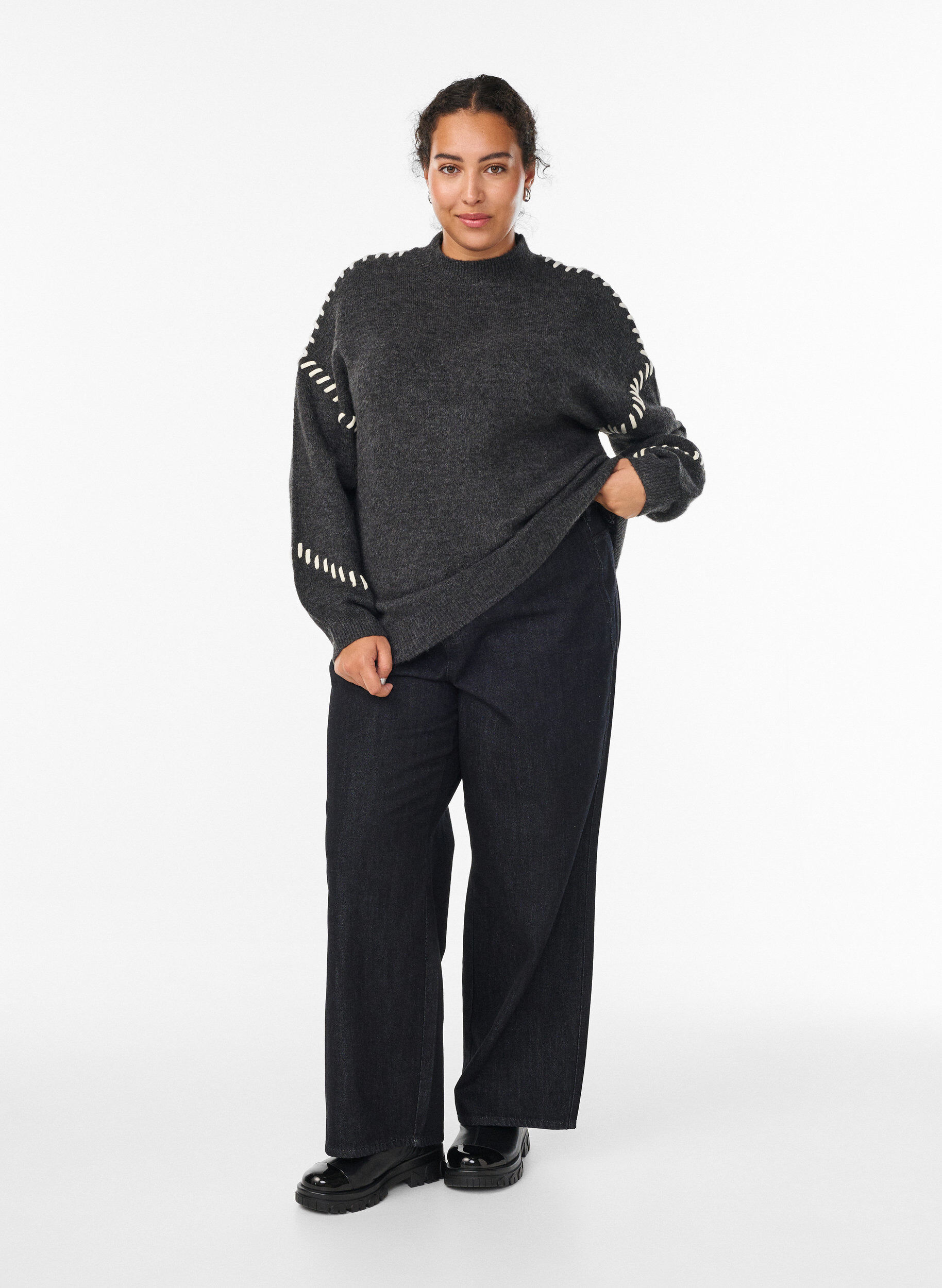 Zizzi Neule, jossa koristeelliset ompeleet, Harmaa, Model image number 1