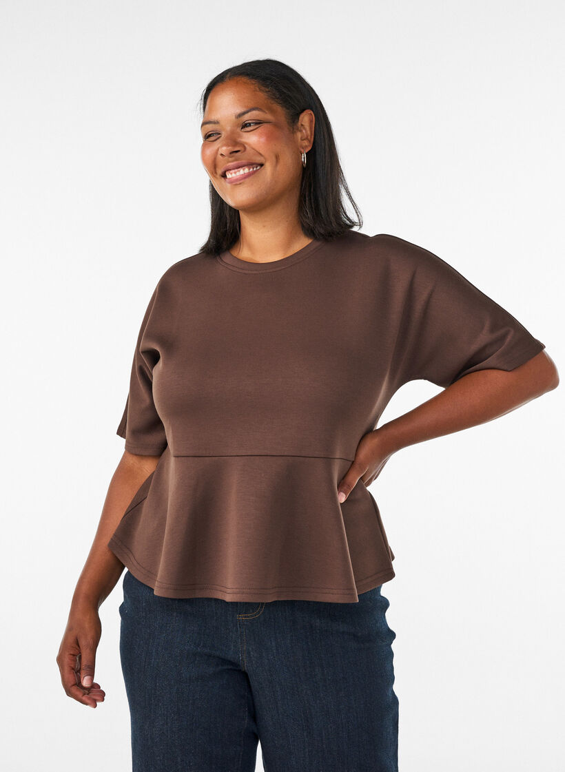 Peplum-pusero kyyn&auml;rpituisilla hihoilla, Ruskea, Model image number 0